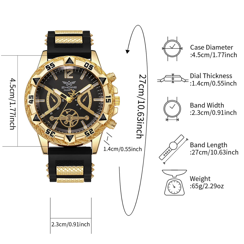 4PCS Fashion Arabic Dial Men Business Quartz Watch CasuSilicone Strap