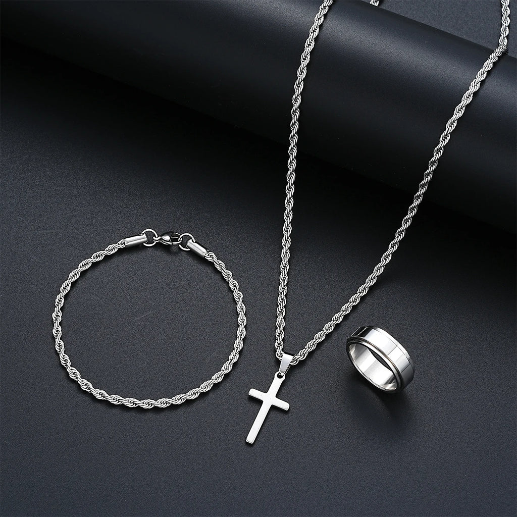Stainless Steel Simple Jewelry Set For Men Women Fashion Silver Color
