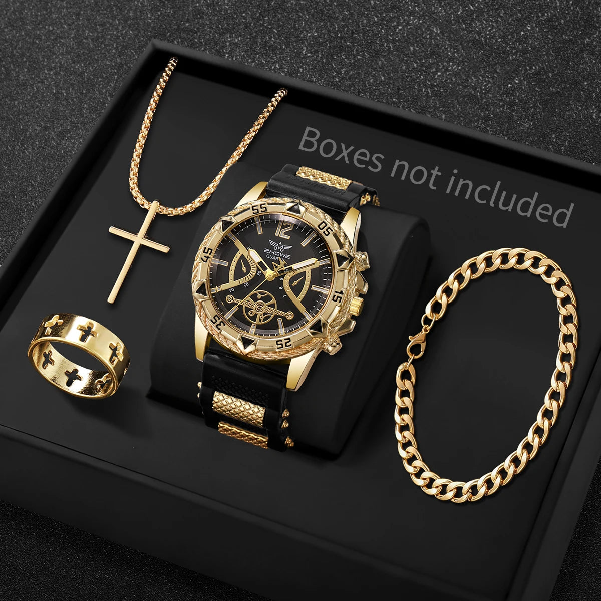 4PCS Fashion Arabic Dial Men Business Quartz Watch CasuSilicone Strap