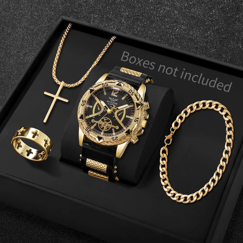 4PCS Fashion Arabic Dial Men Business Quartz Watch CasuSilicone Strap