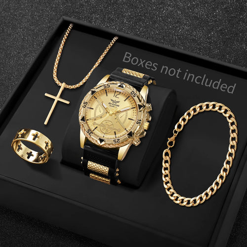 4PCS Fashion Arabic Dial Men Business Quartz Watch CasuSilicone Strap