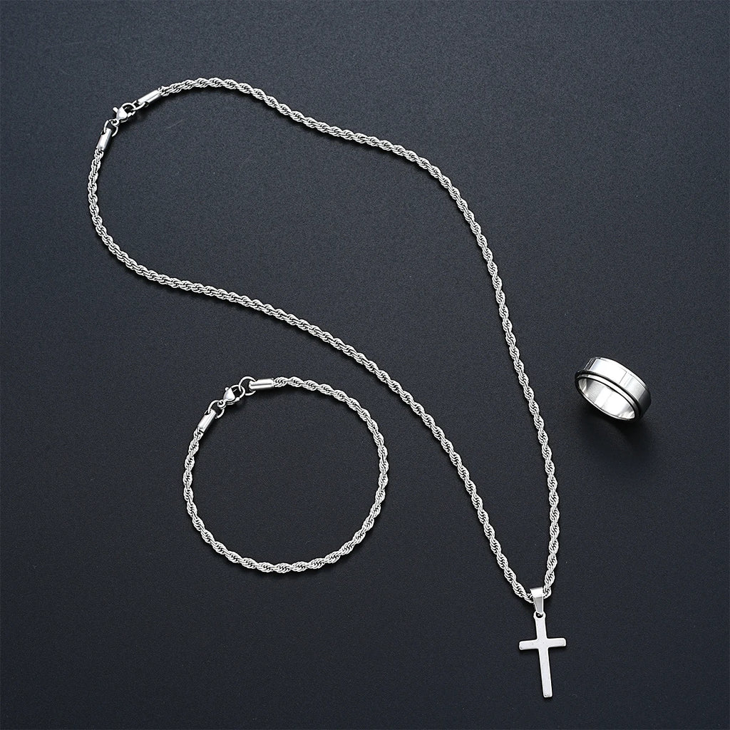 Stainless Steel Simple Jewelry Set For Men Women Fashion Silver Color
