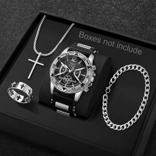4PCS Fashion Arabic Dial Men Business Quartz Watch CasuSilicone Strap