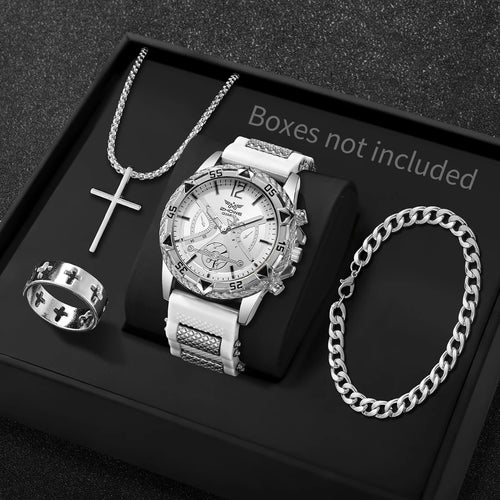 4PCS Fashion Arabic Dial Men Business Quartz Watch CasuSilicone Strap