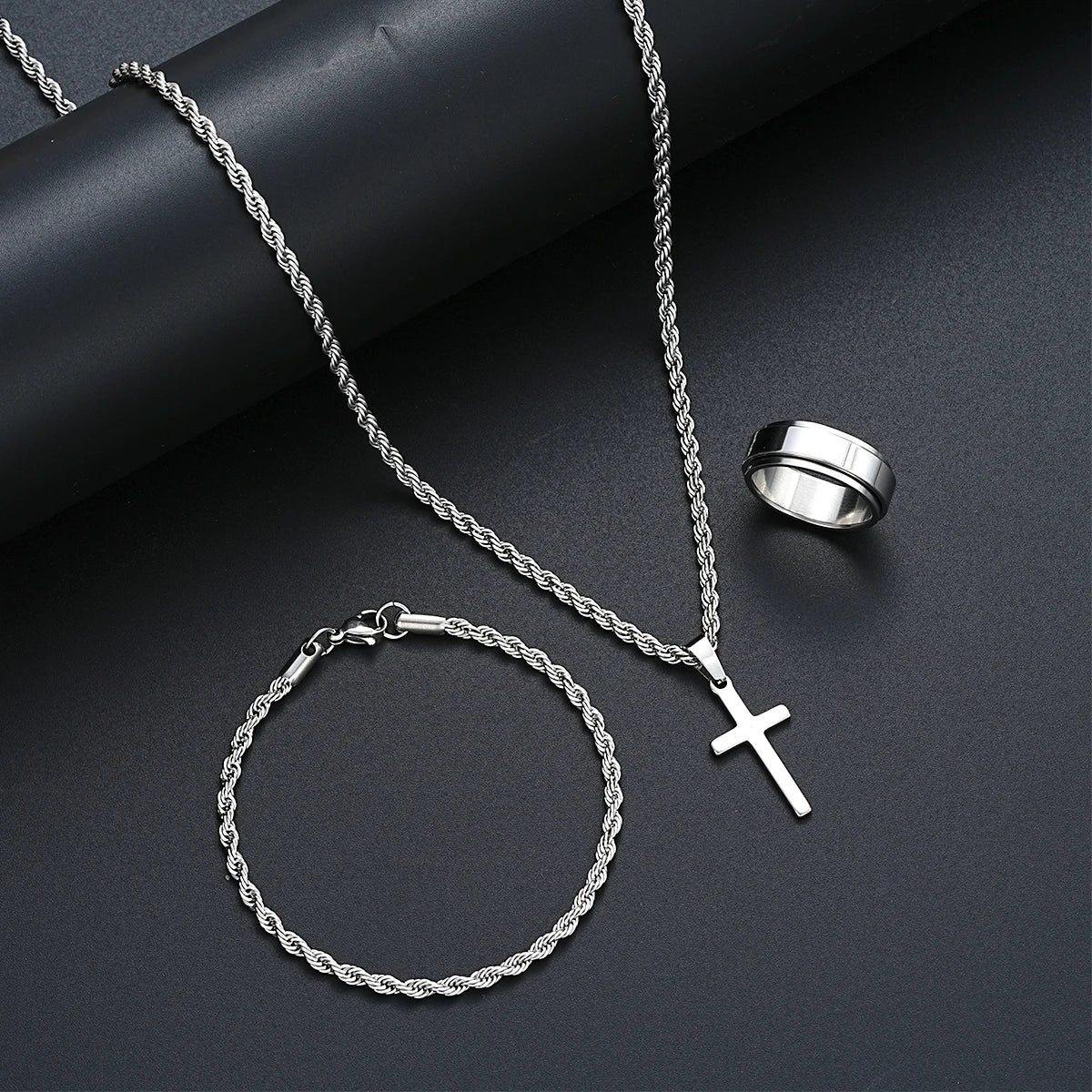 Stainless Steel Simple Jewelry Set For Men Women Fashion Silver Color