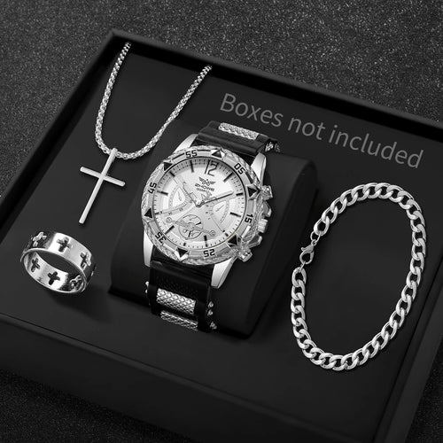 4PCS Fashion Arabic Dial Men Business Quartz Watch CasuSilicone Strap